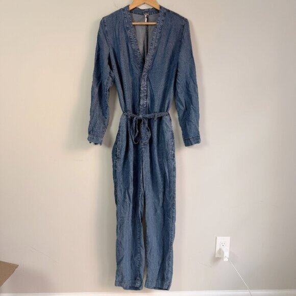 Free People Lou Imperial Blue Denim Long Sleeve Jumpsuit Coveralls 6 - Picture 4 of 6